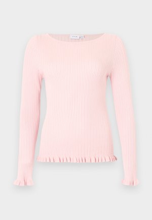 Ροζ ανοιχτό ριμπ πλεκτό μακρυμάνικο τοπ με βολάν στα μανίκια και το τελείωμα, λαιμόκοψη στρογγυλή και εφαρμοστή γραμμή.