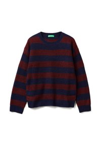 Maglione a maglia con righe orizzontali in blu scuro e bordeaux, collo rotondo e vestibilità comoda. Tessuto con texture mostrato.