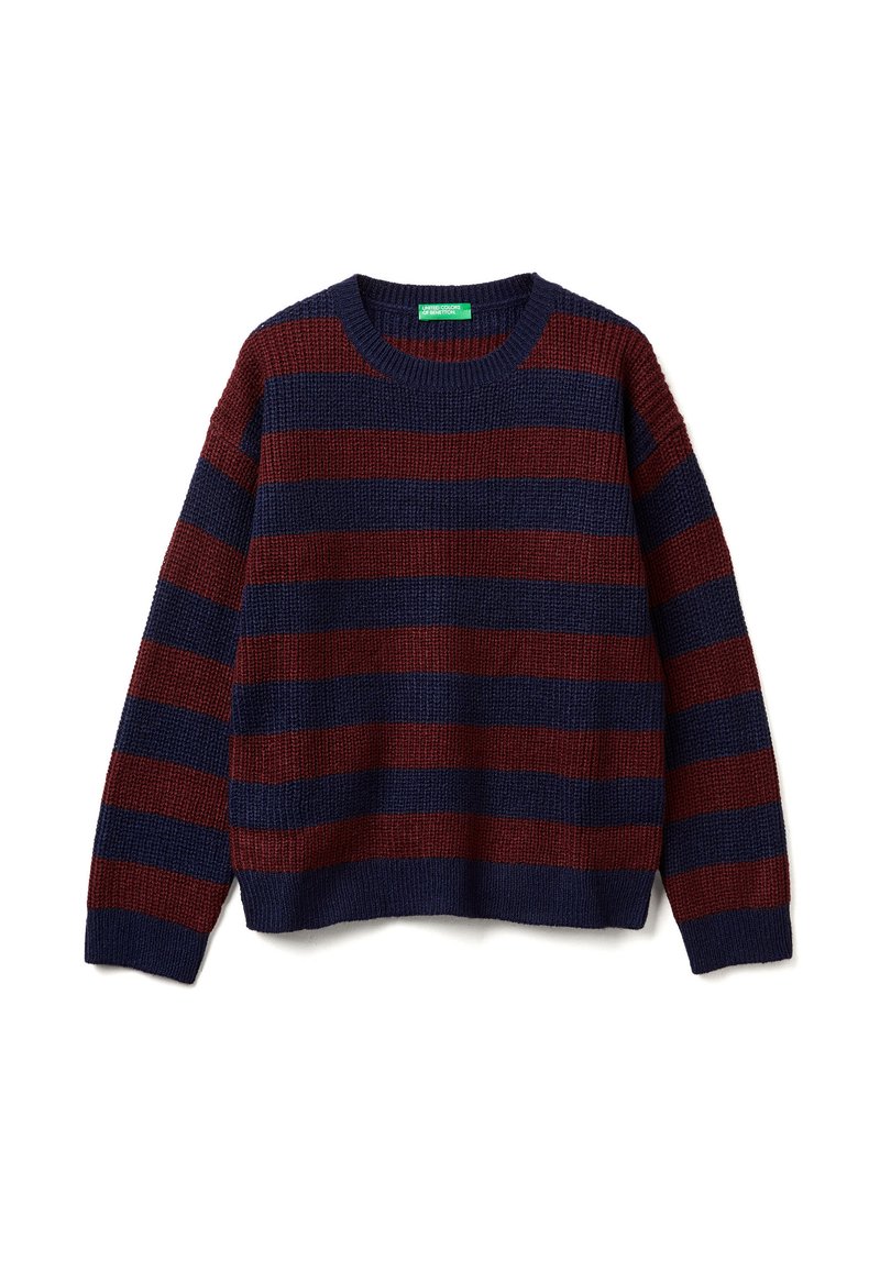 Maglione a maglia con righe orizzontali in blu scuro e bordeaux, collo rotondo e vestibilità comoda. Tessuto con texture mostrato.
