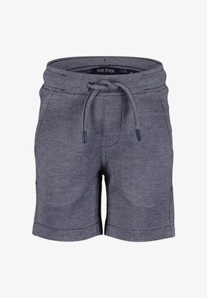 Siniset, teksturoidut kangasshortsit, joissa on säädettävä nyörivyötärö ja etutaskut, suunniteltu rentoon käyttöön.