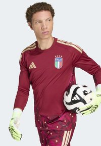 Crvena vratarska majica s zlatnim akcentima i amblemom Italije. Šorc s uzorkom i svijetlozelenim rukavicama, drži crno-bijelu nogometnu loptu.