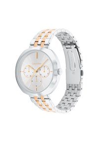 Reloj de acero inoxidable en tonos plateado y dorado, con una esfera redonda, tres subesferas y una esfera plateada cepillada suave.