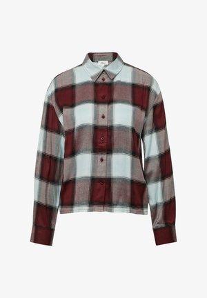 Camicia a maniche lunghe con bottone, caratterizzata da un ampio motivo a quadri in bordeaux, azzurro chiaro e nero, con colletto classico e maniche con polsini.