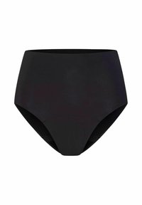 Culotte noire taille haute sans coutures, offrant une couverture totale, en tissu lisse avec aucune couture visible, présentée sur un fond blanc.