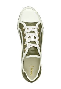 Zapatilla verde oliva con puntera de goma blanca, ojales y cordones. Presenta una parte superior de lona texturizada y un cuello acolchado para mayor comodidad.