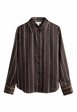 Brown satin shirt with vertical white stripes, button-up front, collar, long sleeves, and contrasting cuffs.