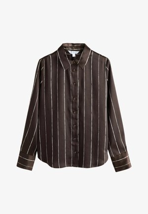 Brown satin shirt with vertical white stripes, button-up front, collar, long sleeves, and contrasting cuffs.