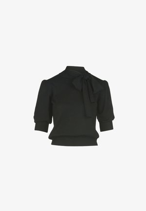Pulover negru tricotat cu gidon înalt, mâneci scurte tip puff și un detaliu tip fundiță în față. Textură canalată la tiv și la manșete.