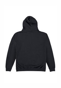 Felpa nera in cotone con maniche lunghe, cappuccio con cordino e polsini e orlo a coste. Texture liscia, design semplice, senza loghi o motivi visibili.