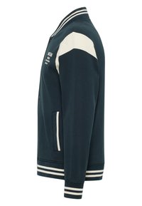 Donkergroene varsityjack met beige accentmouwen, geribde manchetten en tailleband, met een knoopsluiting en zijzakken.