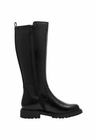 Botte noire en cuir hauteur genou avec une fermeture à glissière sur le côté, bout rond et semelle en caoutchouc texturé. Présente un design épuré et des accents minimalistes.