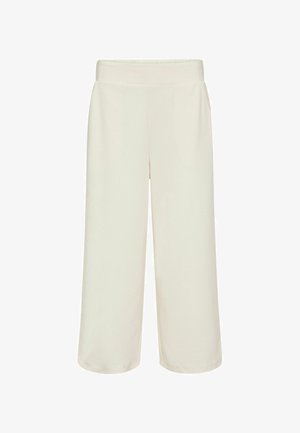 Brede broekspijpen in een zachte crèmekleurige stof. Heeft een elastische tailleband en een glad, niet-geprofileerd oppervlak zonder zichtbare patronen of accenten.
