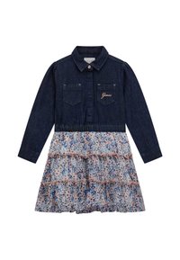 Denim-kleid mit langen Ärmeln, knöpfbarem Kragen und zwei Brusttaschen. Der Saum hat einen mehrschichtigen Rock mit floralem Muster in hellen Farben.