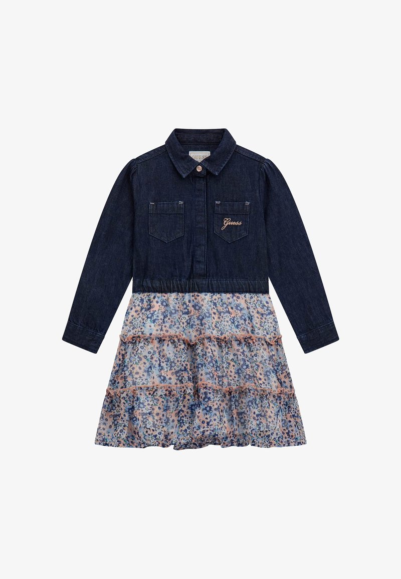 Džinsa kleita ar garām piedurknēm, pogājamais apkakle, divas krūšu kabatas. Apakšējā daļa veidota ar slāņotu ziedu rakstu svārku gaišās krāsās.