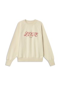 Cremefarbener Sweatshirt mit gerippten Bündchen und Saum. Mit rotem gesticktem Text "LOVE" und "ALL OR NOTHING" darunter in einer kontrastierenden Schriftart.