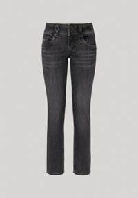 Ciemnoszare dżinsy o prostym kroju. Posiadają zapięcie na guzik, pięć kieszeni i delikatne wyblaknięcia. Materiał wygląda na teksturowany.