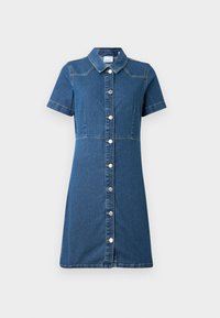 Vestido de camisa em denim de um tom azul profundo, com gola, mangas curtas, fecho frontal por botões e detalhes de costura sem emendas.