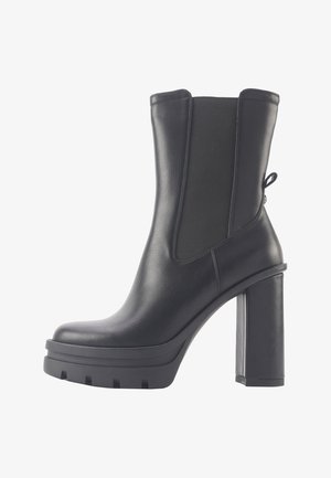 Black leather ankle boot with a chunky high heel, elastic side panels, and a back pull tab; smooth texture with a platform sole.