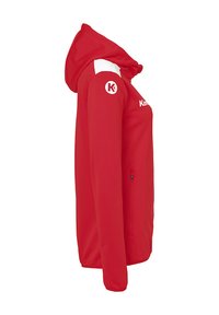 Red hoodie with a white accent on the shoulder; features a zipper pocket and a textured fabric; logo on the chest and sleeve.