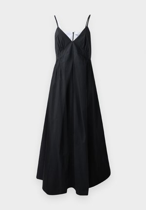 Vestido maxi preto feito de tecido leve. Apresenta alças finas, decote em V, corpete franzido e uma silhueta fluida. Design limpo, sem padrões.