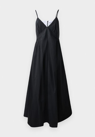 Vestido maxi preto feito de tecido leve. Apresenta alças finas, decote em V, corpete franzido e uma silhueta fluida. Design limpo, sem padrões.