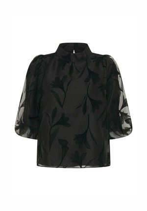 Blusa negra con tejido transparente, mangas abullonadas, cuello alto y un estampado floral en tonos oscuros. Cierre trasero con una pequeña abertura.
