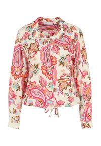 Colorful floral printed blouse featuring pink, blue, and brown paisley patterns, a collar, front buttons, and a drawstring hem.