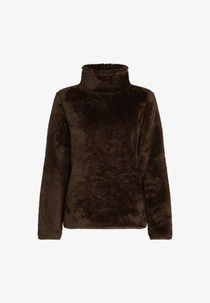 Brązowy pulower z wysokim kołnierzem, wykonany z miękkiego, puszystego materiału. Długie rękawy i luźny krój. Gładka faktura bez widocznych elementów metalowych czy wzorów.