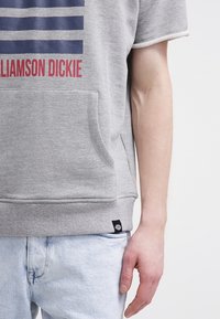 Sudadera gris de mangas cortas, con un gran bolsillo frontal y texto de logo. Presenta un diseño a rayas en azul y rojo, con puños y bajo de canalé.
