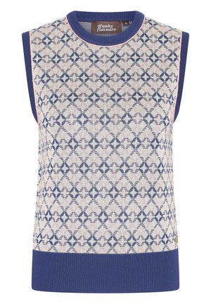 Knit sleeveless top featuring a geometric pattern in navy and pink, with a ribbed navy hem and neckline; lightweight fabric texture.