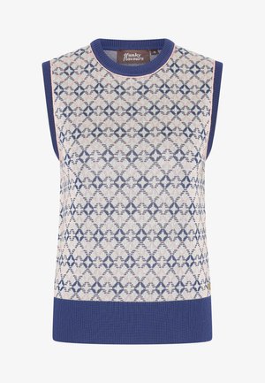 Ärmelloses Strickoberteil mit geometrischem Muster in Marineblau und Pink, mit einem gerippten Saum und Kragen in Marineblau; leichter Stoff.