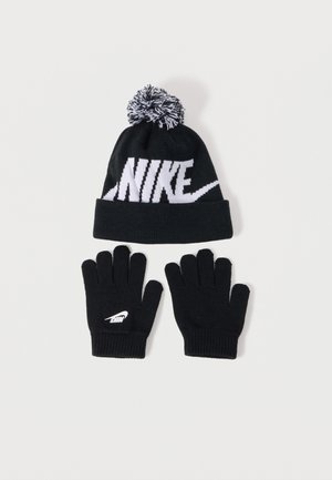 Set invernale nero Nike lavorato a maglia con berretto con pompon con logo bianco e guanti abbinati con logo bianco sul guanto sinistro.