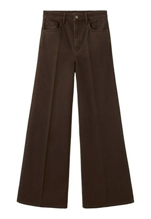 Bruine wijde spijkerbroek met knoopsluiting aan de voorkant, ritssluiting en ontwerp met vijf zakken, weergegeven op een witte achtergrond.