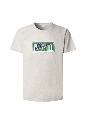 Helehall lühikeste varrukatega T-särk, mille esikülje keskel on rohelise ja mereväe sinisega ristkülikukujulises kastis tekst "Portobello Notting Hill".