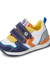 Scarpa sportiva blu e bianca con accenti gialli e arancioni. Presenta due cinturini in Velcro, una suola testurizzata e un design della punta arrotondata.