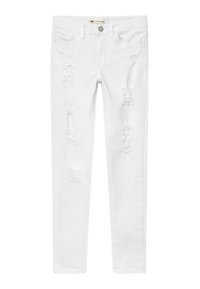 Pantalones vaqueros skinny de mezclilla blanca con roturas desgastadas, cinco bolsillos, cierre de botón y cremallera. Textura suave, diseño clásico, ajuste entallado.