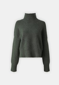 Zielony, krótki sweter z golfem wykonany z miękkiej, teksturowanej tkaniny, z długimi rękawami i prążkowanymi detalami na kołnierzu oraz mankietach.