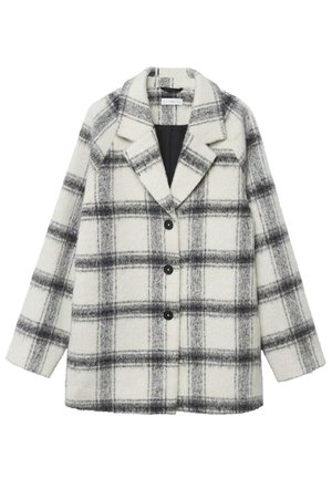 Manteau en laine à carreaux blanc et noir avec trois boutons noirs et un col cranté, présenté sur fond blanc.
