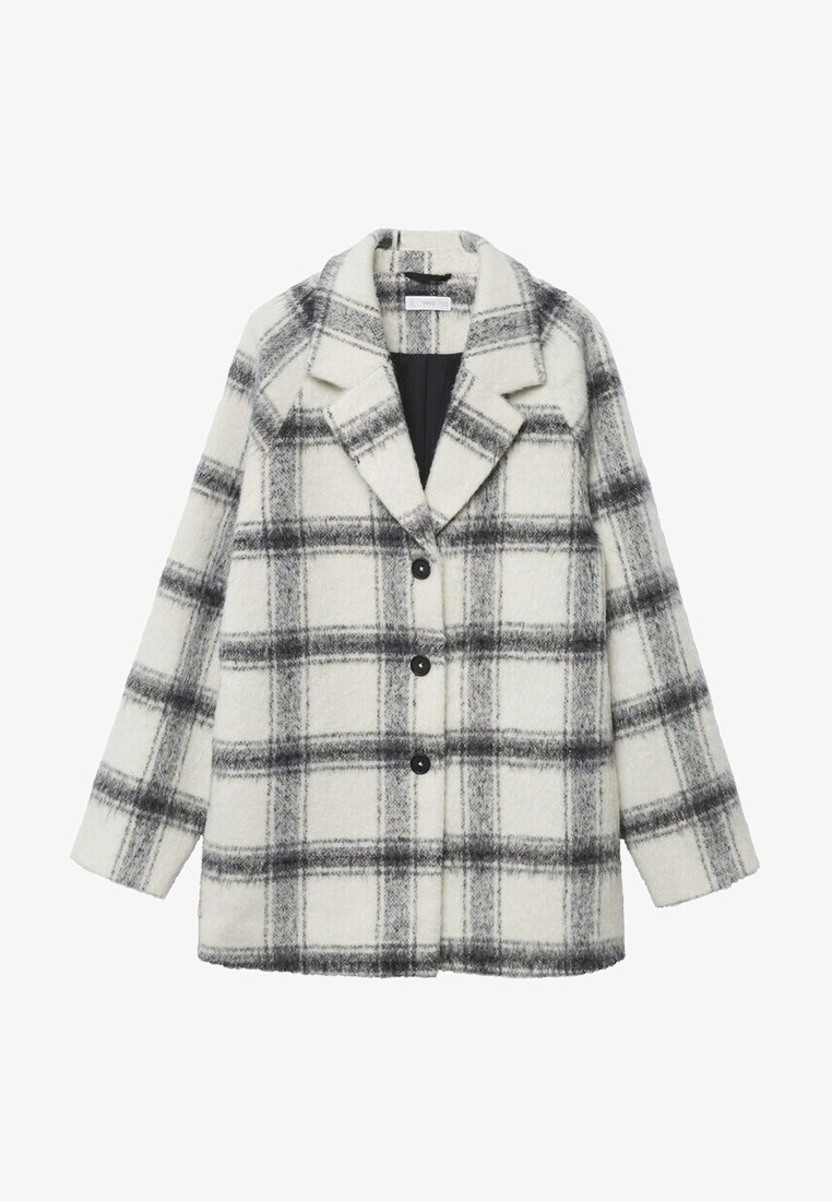 Manteau en laine à carreaux blanc et noir avec trois boutons noirs et un col cranté, présenté sur fond blanc.