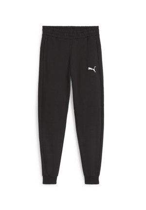 Zwarte trainingsbroek met een elastische tailleband en toelopende broekspijpen. Bevat een wit Puma-logo aan de linkerkant. Glad stoftextuur.