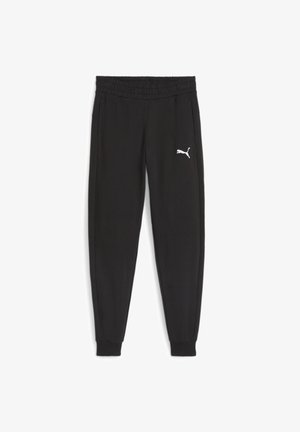 Pantaloni sportivi neri con vita elasticizzata e gambe strette. Presentano un logo Puma bianco sul lato sinistro. Tessuto morbido.
