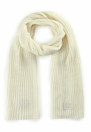 Écharpe en ivoire tricotée avec une texture côtelée, dotée d'une petite étiquette rectangulaire ornée d'un design floral. Douce, légère et polyvalente.