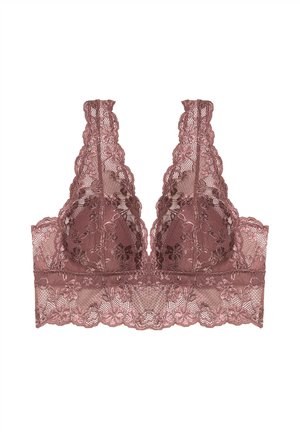 Soutien-gorge en dentelle rose poudré avec bords festonnés, motif floral et larges bretelles. Texture douce et délicate en dentelle sur l'ensemble.