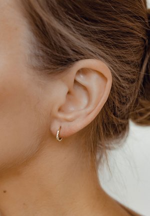 Orecchino a cerchio dorato con una fila di piccole pietre trasparenti lungo un bordo. Il design è liscio e circolare, in armonia con la forma dell'orecchio.