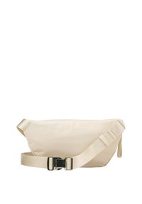 Slingtas in lichtbeige, van glad synthetisch materiaal. Beschikt over een brede verstelbare schouderband en een zijsluiting met klikgesp.