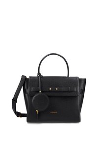 Schwarze Lederhandtasche mit strukturiertem Design, oberen Griff, abnehmbarem Schulterriemen, goldenen Akzenten und einem runden Anhänger. Texturierte Oberfläche mit Logodetail.