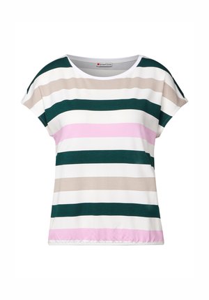 Top a maniche corte a righe nei toni di verde, rosa, bianco e beige. Caratterizzato da un collo rotondo e un tessuto morbido ed elastico. Fit rilassato.