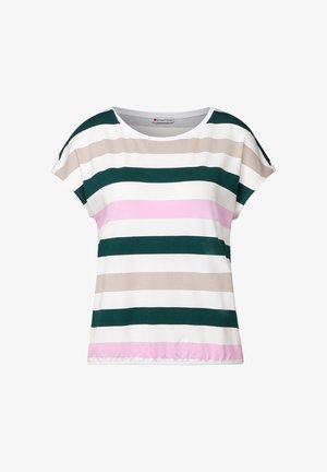 Haut à manches courtes rayé vert, rose, blanc et beige. Équipé d'un col rond et d'un tissu doux et extensible. Coupe décontractée.