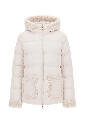Giacca imbottita beige chiaro con cappuccio, polsini e due tasche frontali foderati in pile, dotata di chiusura centrale con zip.