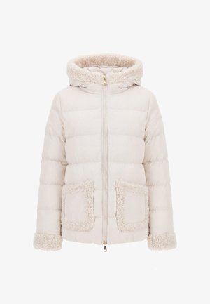 Giacca imbottita beige chiaro con cappuccio, polsini e due tasche frontali foderati in pile, dotata di chiusura centrale con zip.